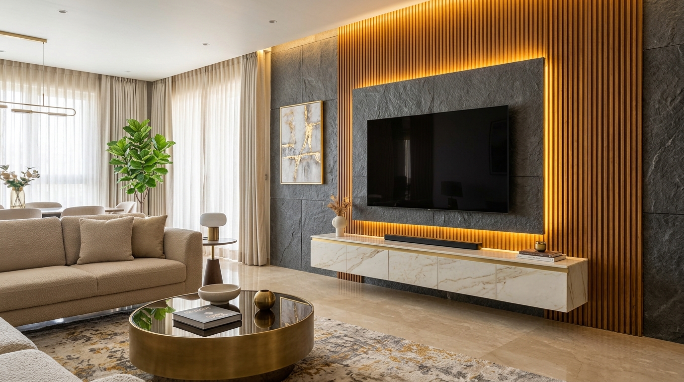 Luxury living room with WPC fluted louvers and warm ambient lighting